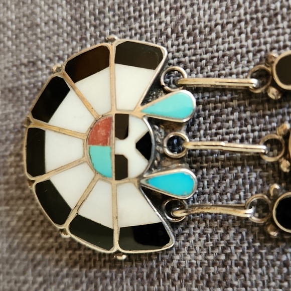 Vintage Native American Zuni Handmade Gemstone Dangle Headdress Pendant/Pin ๐ค๐ - Picture 3 of 11